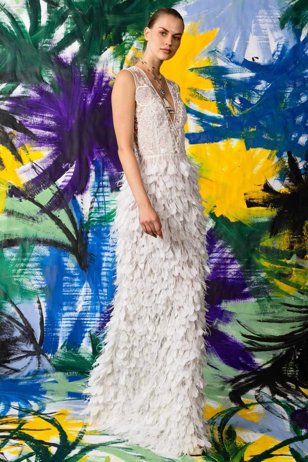 Naeem Khan-Feather V Neck Column Gown - FB23-016G-1