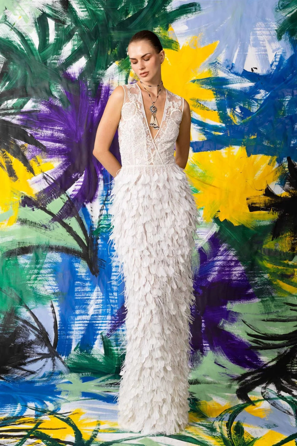 Naeem Khan-Feather V Neck Column Gown - FB23-016G-0