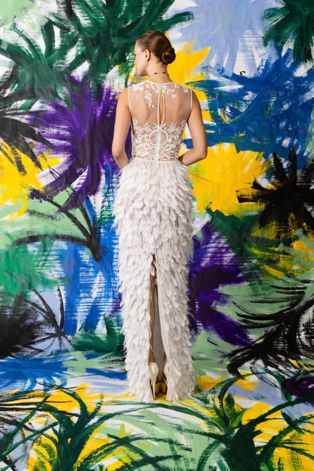 Naeem Khan-Feather V Neck Column Gown - FB23-016G-2