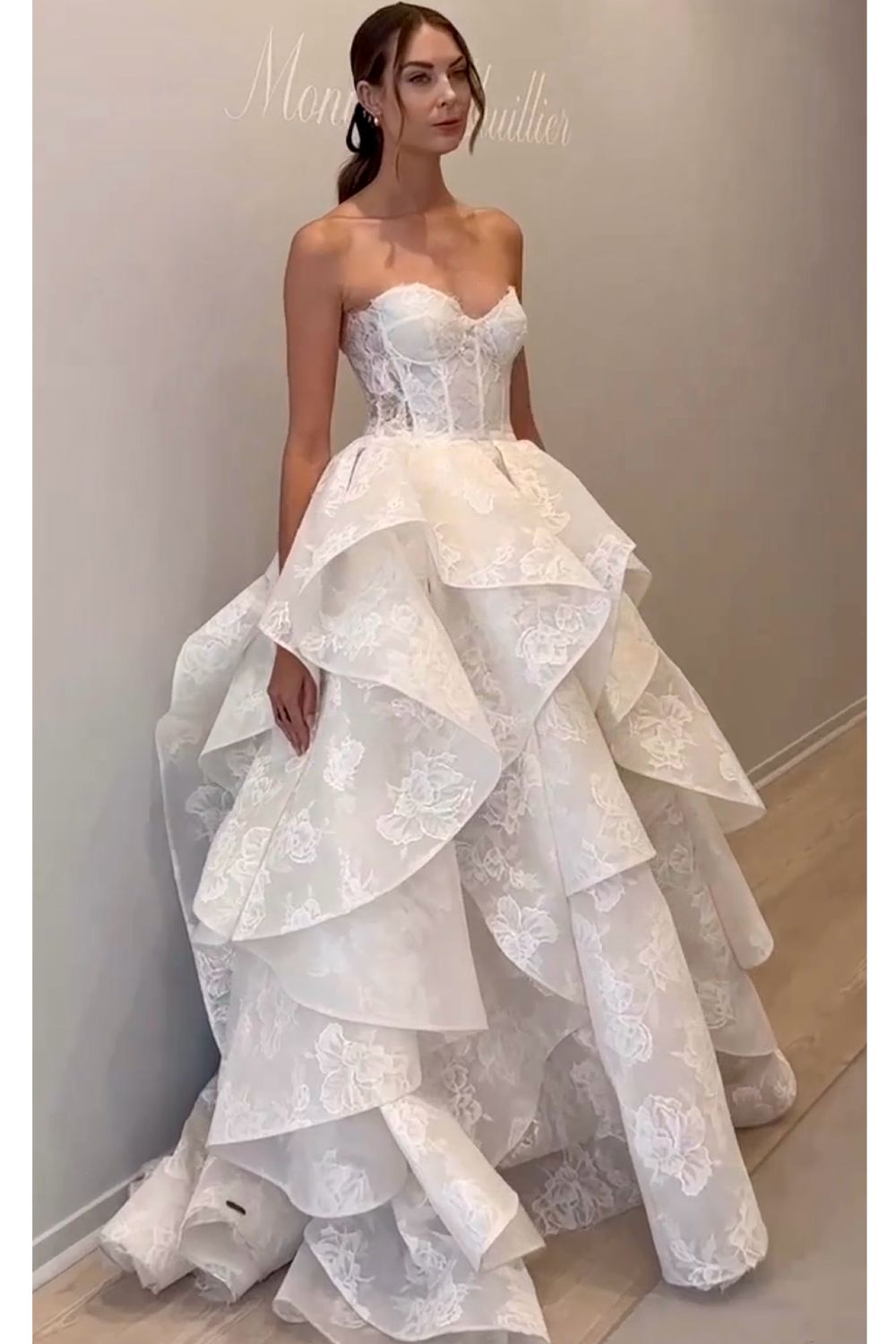 monique lhuillier strapless bridesmaid dress BL26108: corded lace mikado ball gown with a strapless draped bodice and  slit feels fresh yet regal for Spring.  #moniquelhuillier #mlbride  #mlbliss