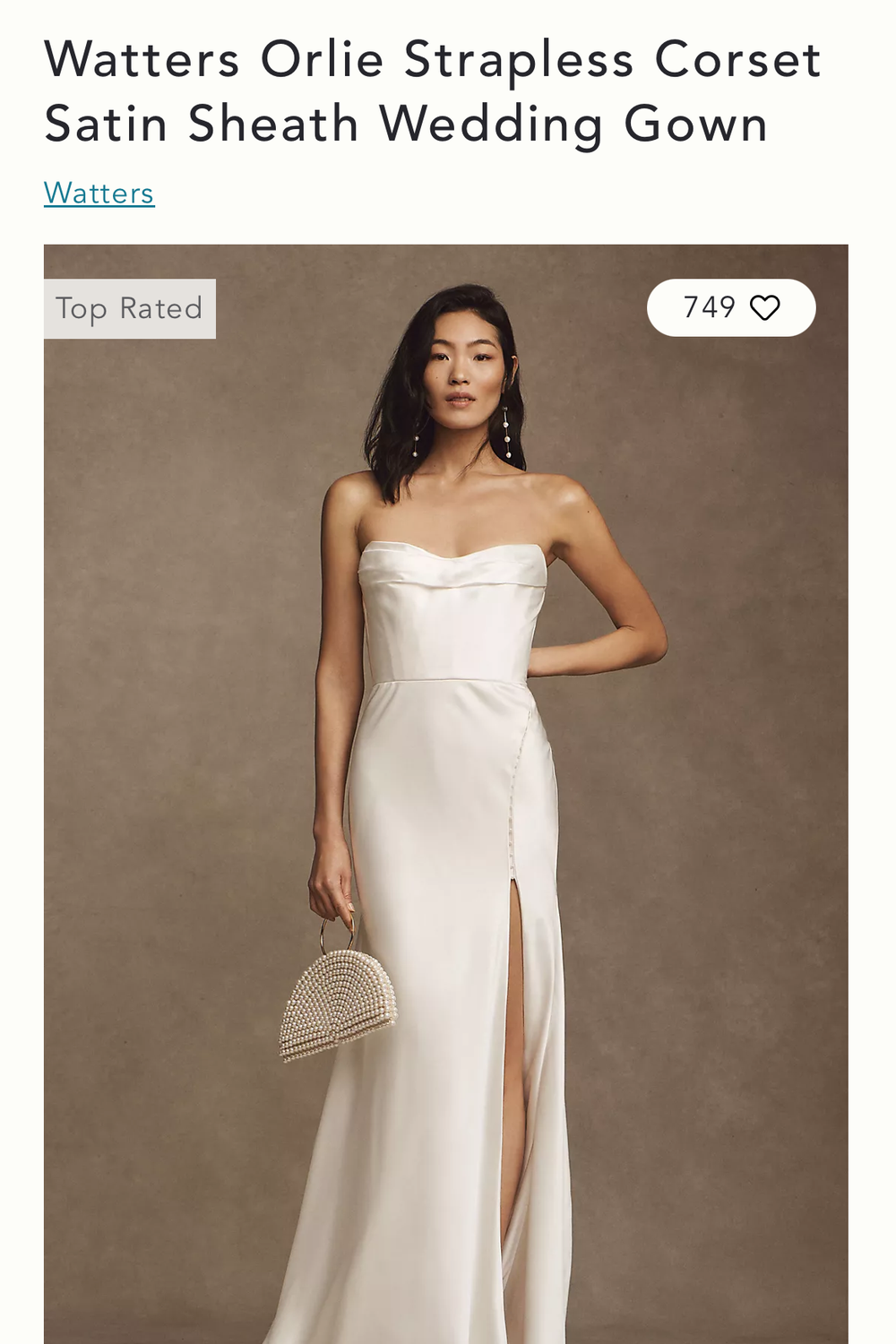 Watters Watters Orlie Strapless Satin Sheath Wedding Gown 0