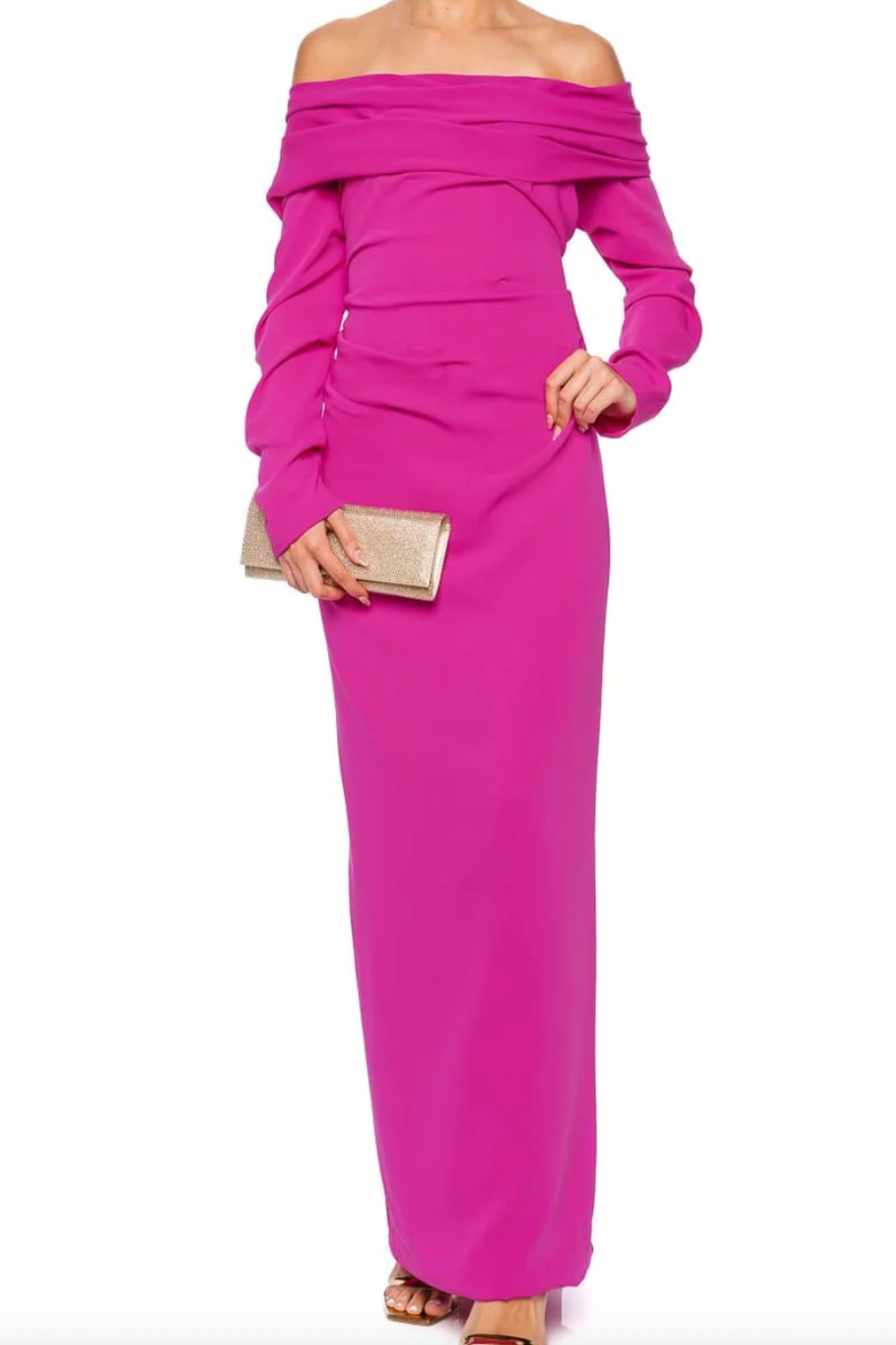 Never Worn Marmar Halim Fuchsia Long Sleeve Draped Crepe Gown Never Worn Marmar Halim Fuchsia Long Sleeve Draped Crepe Gown