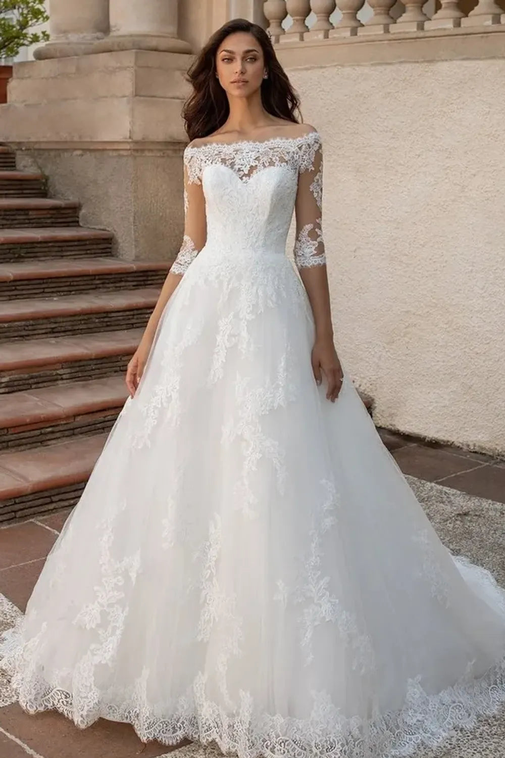 evaluate the bridal retail company pronovias on off-the-shoulder wedding dress Kimba