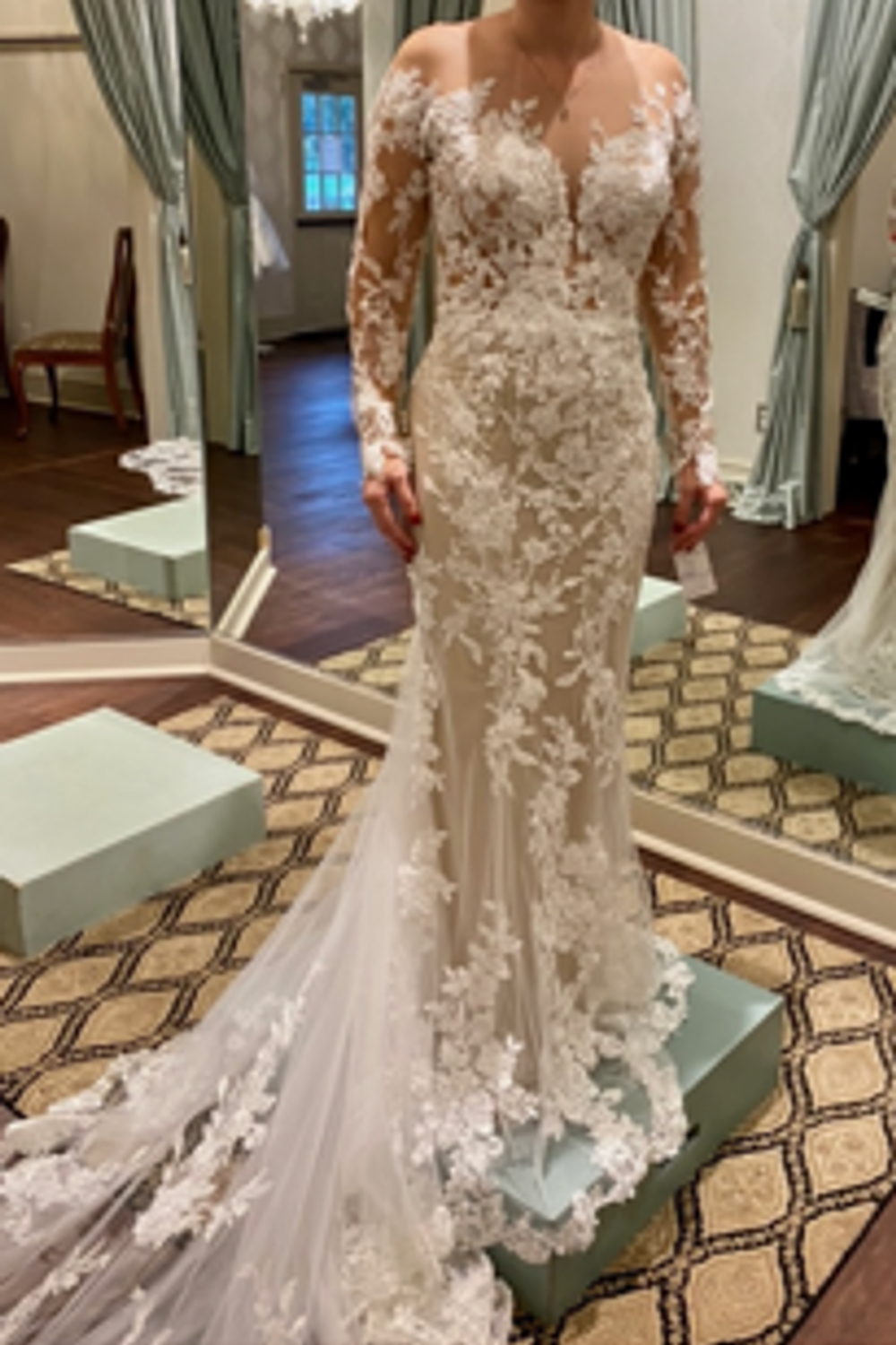 fitted lace wedding dress Long Sleeves Wedding Lace Dresses Sheer Neckline with Floral Flowers
