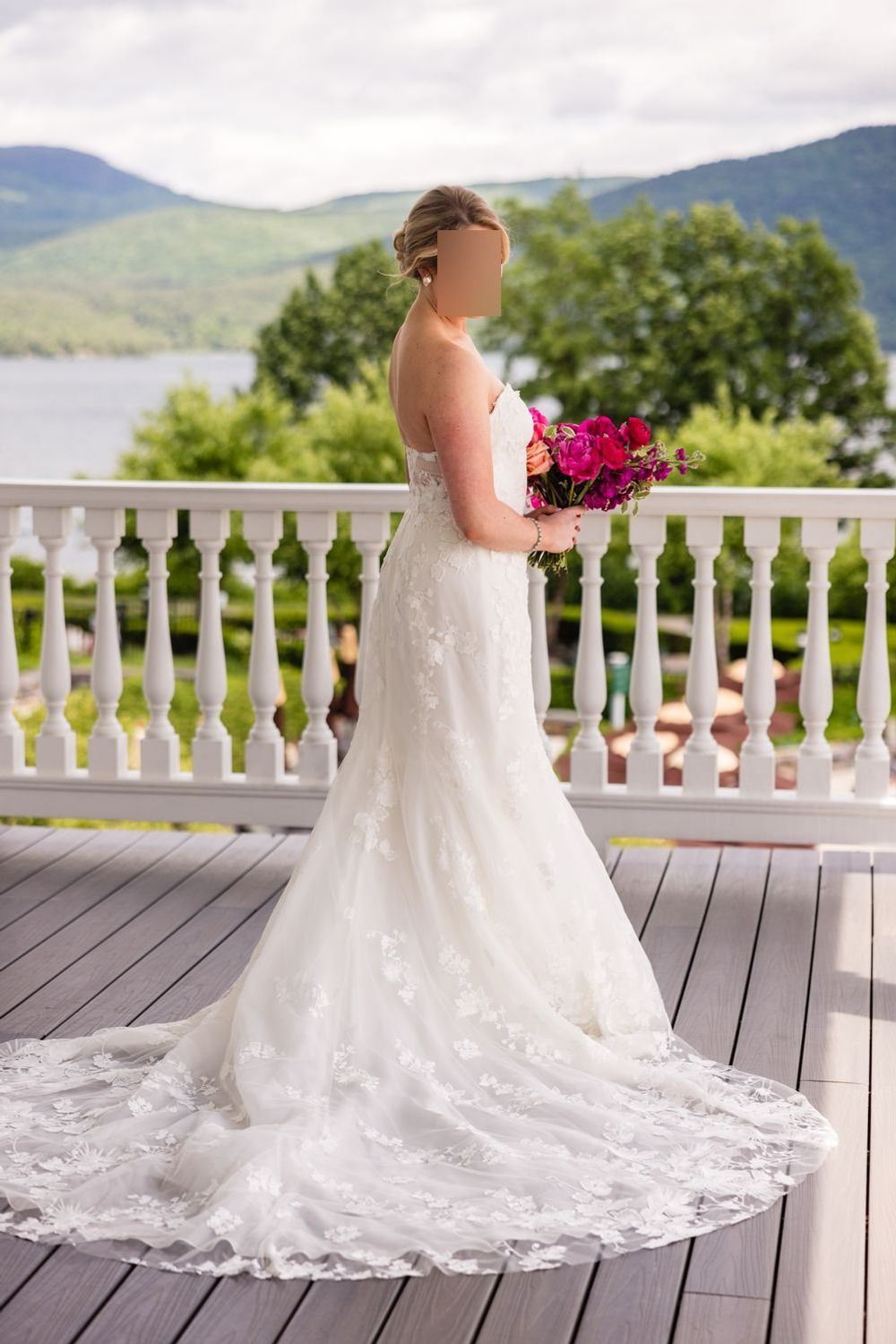 Monique Lhuillier Custom Made Mae Gown with Veil and Lace Shrug 10