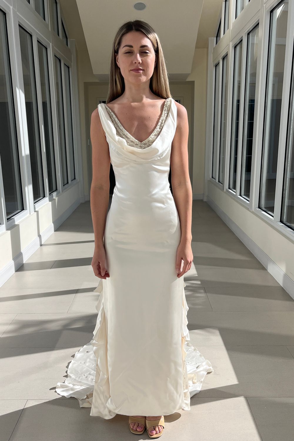 pronovias silk dress Floral neckline satin princess wedding dress Evarly