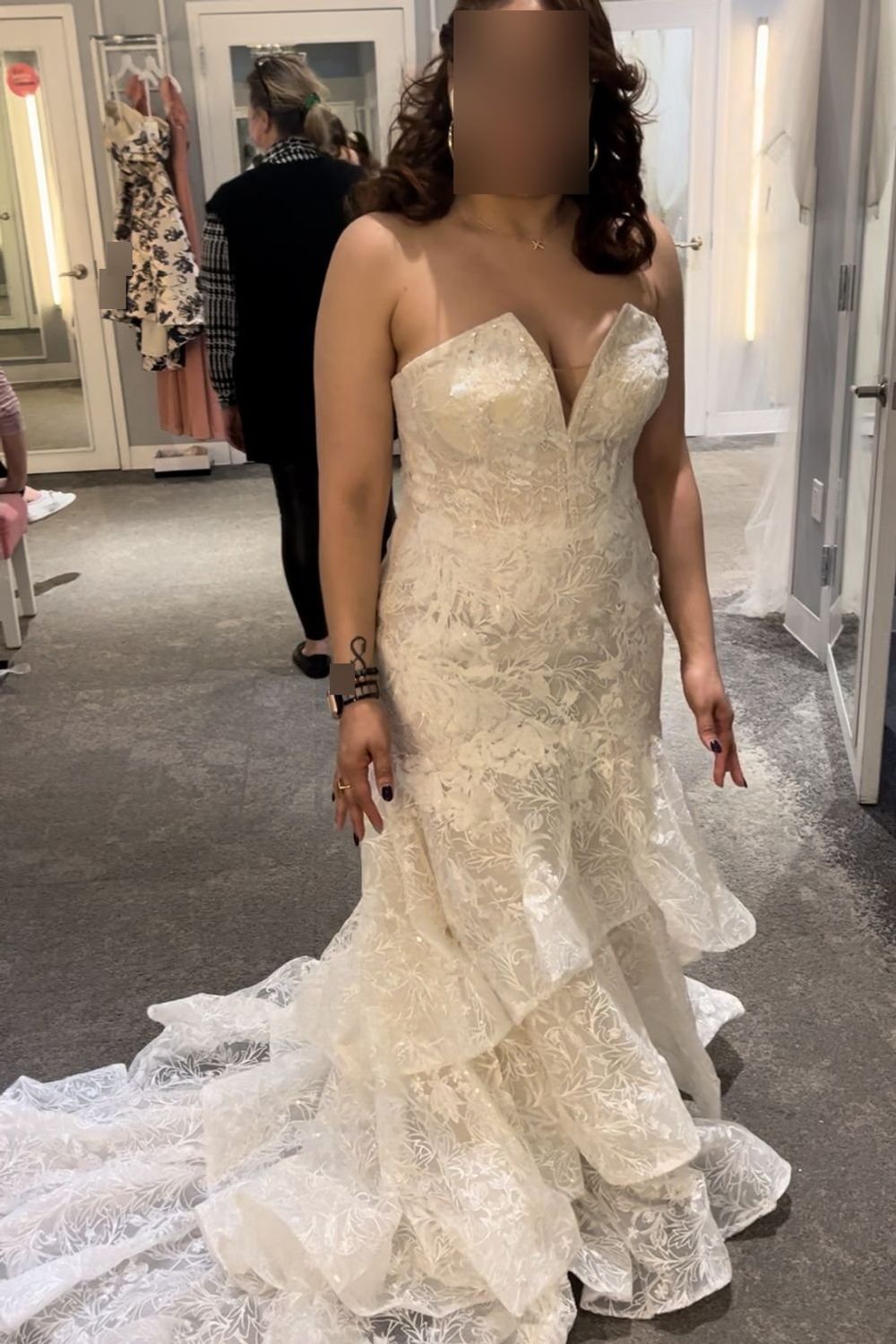 Never Worn Oleg Cassini Notch neck lace Corset Mermaid Wedding Dress