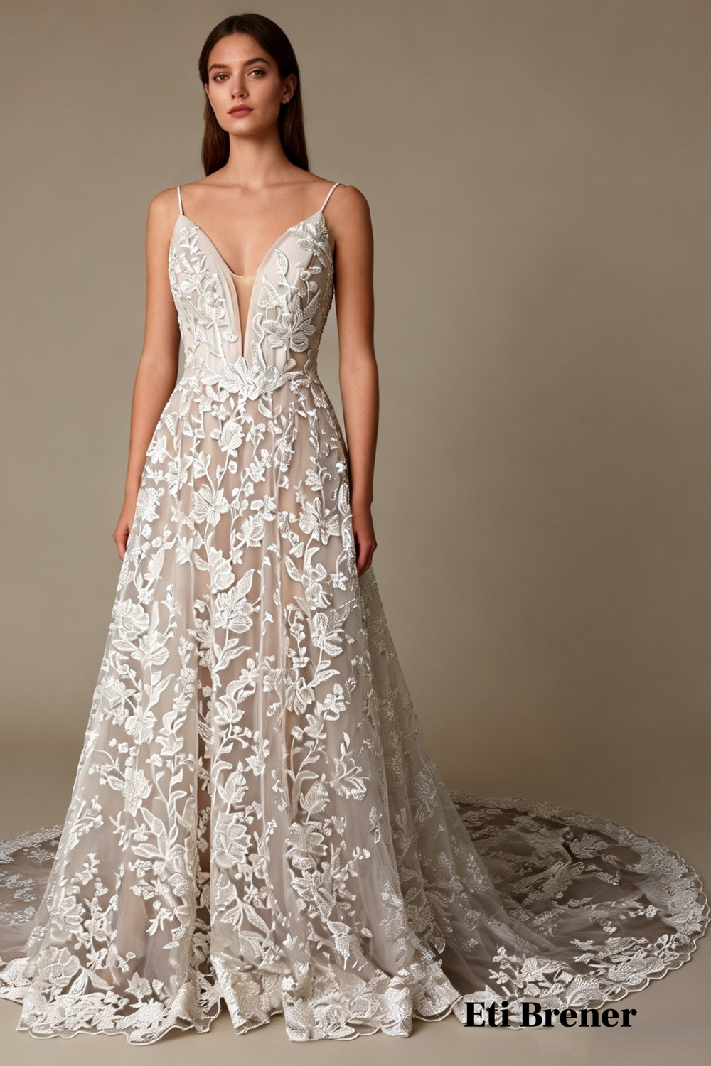 Eti Brener Romantic Lace Bridal Gown with Long Train Size 8 0