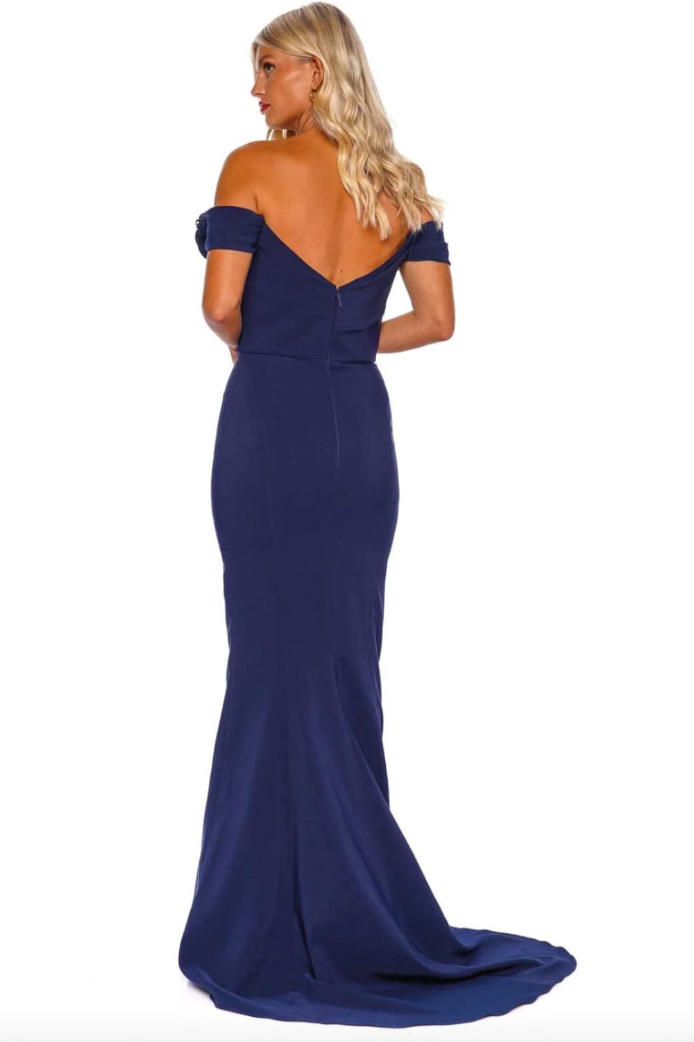 Marchesa-NAVY OFF SHOULDER STRETCH CREPE GOWN-1