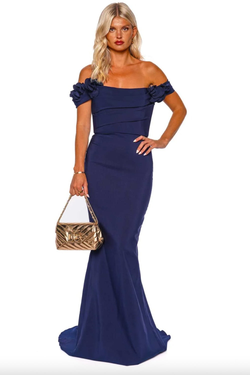 Marchesa-NAVY OFF SHOULDER STRETCH CREPE GOWN-0