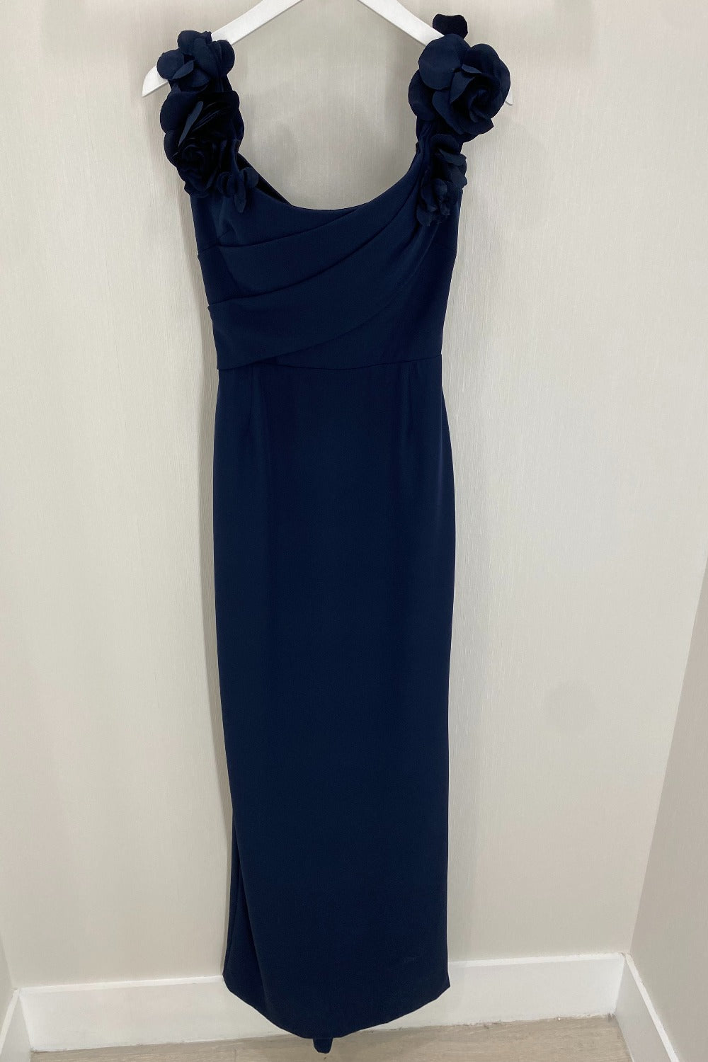 Marchesa-NAVY OFF SHOULDER STRETCH CREPE GOWN-3