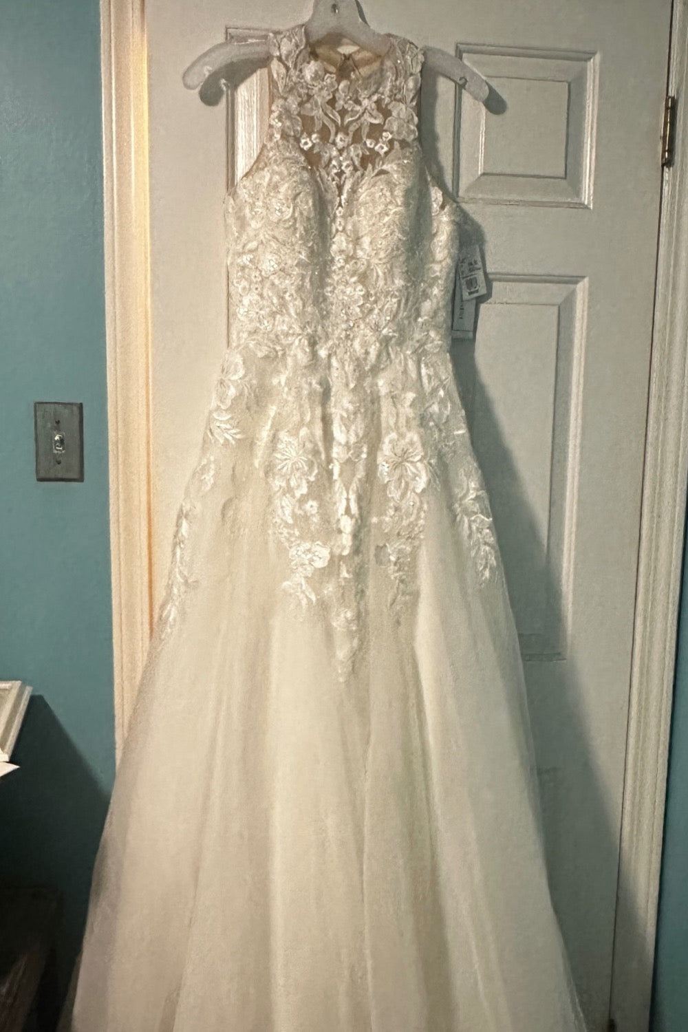 Oleg Cassini-High neck lace applique tulle wedding dress-8