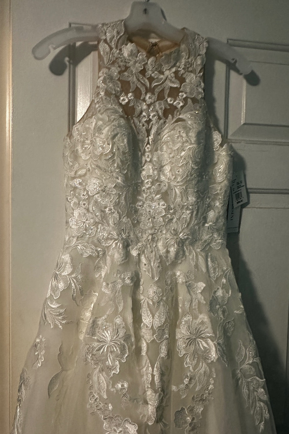 Oleg Cassini-High neck lace applique tulle wedding dress-5