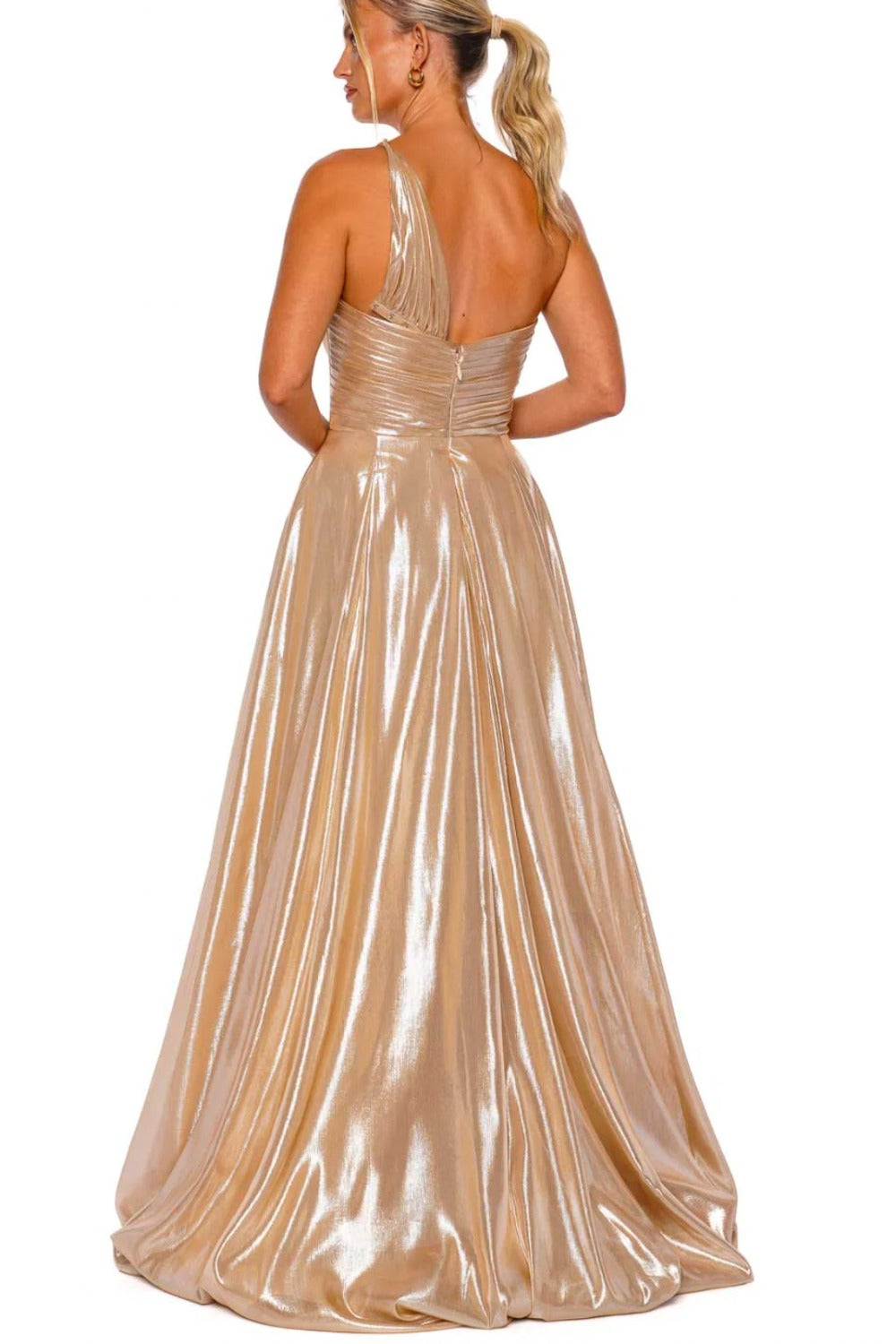 Romona Keveza-CHAMPAGNE ONE SHOULDER RUCHED GOWN-1