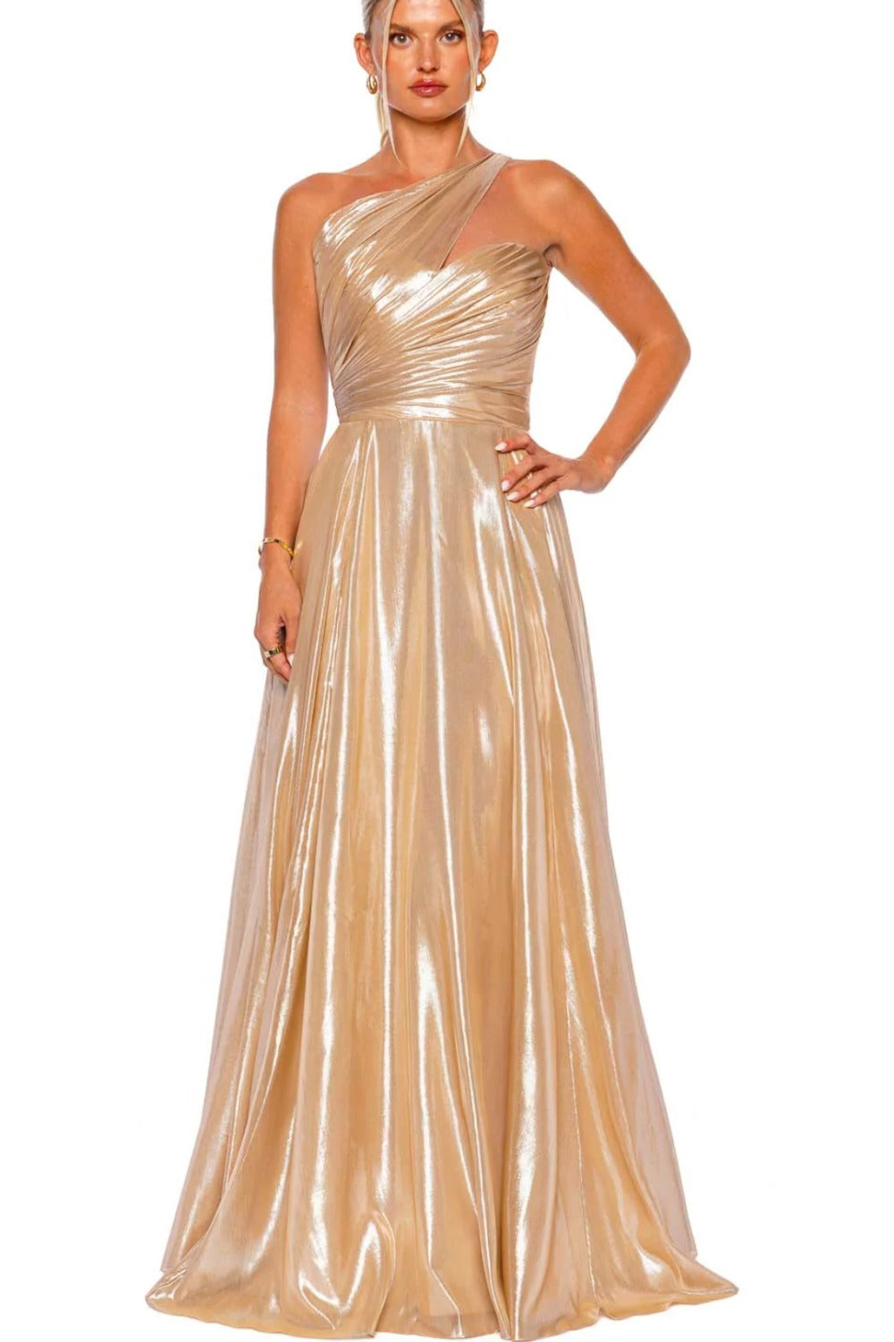 Romona Keveza-CHAMPAGNE ONE SHOULDER RUCHED GOWN-0