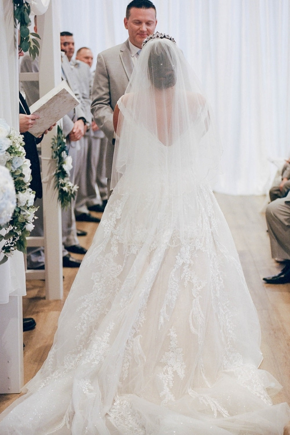 Cap Sleeve V Back Beaded Ball Gown